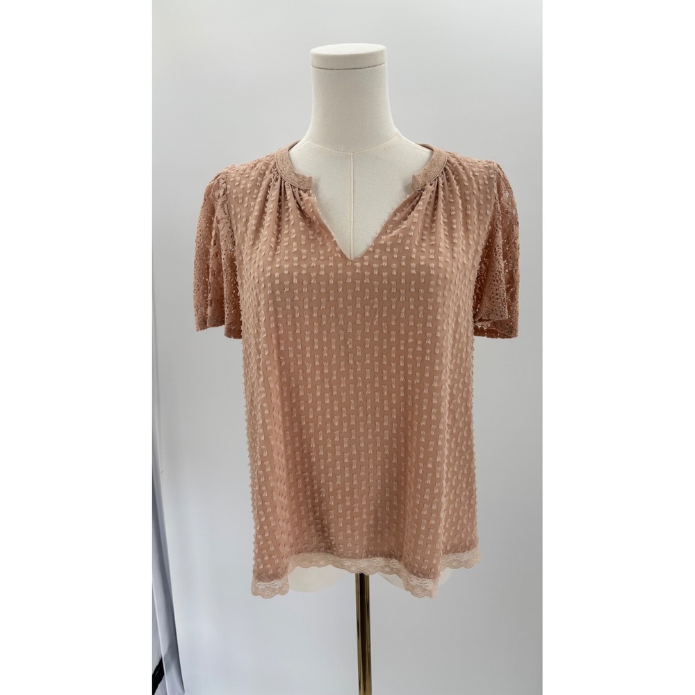 One September Anthropologie Pink Lace Sleeve Clip Dot Blouse Women XS Dusty Rose